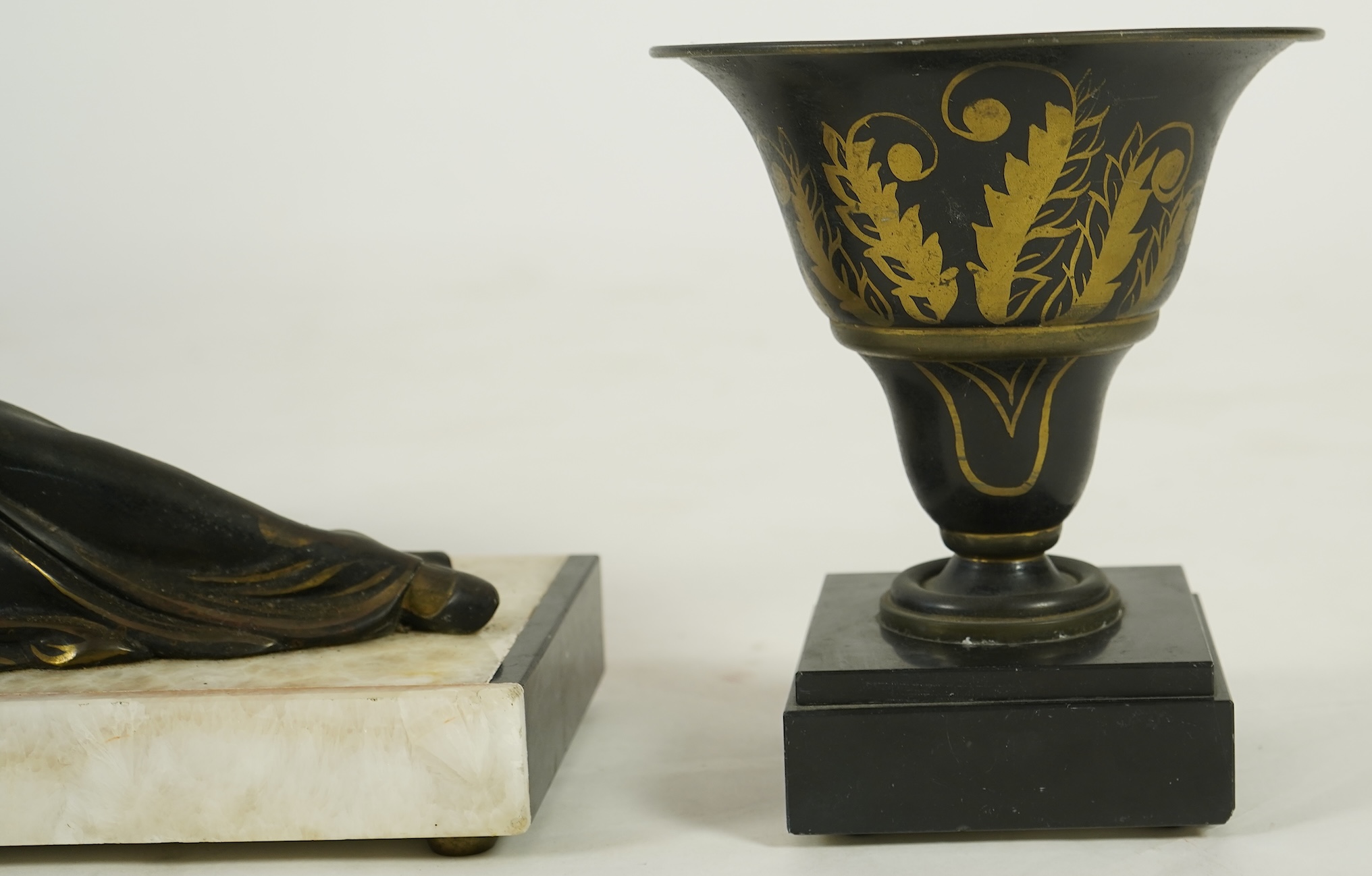 Attributed to Uriano (Ugo Cipriani, Italian, 1897-1960), a French Art Deco marble clock garniture